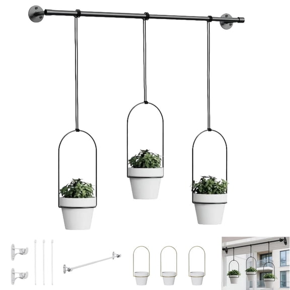 Adjustable Hanging Window Planter Set with Metal Rod and Pots, Vertical Herb Garden for Kitchen Balcony - Black