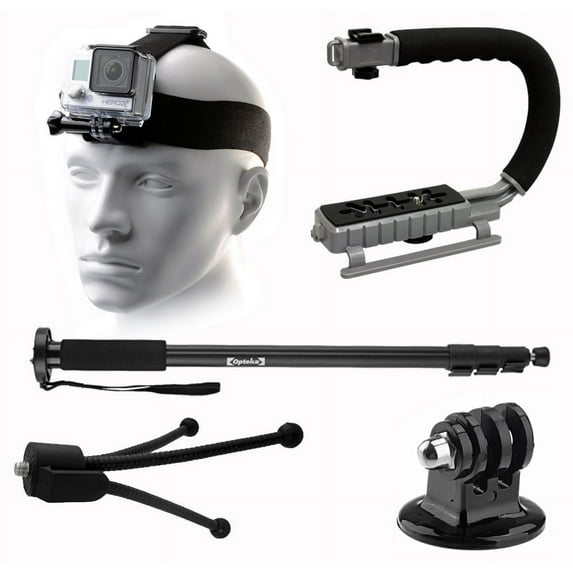 Adjustable Head Helmet Strap Mount, Selfie Stick, MoonGrip Action Stabilizing Video Handle, Mini Tripod, Dust Removal Cleaning Kit for GoPro Hero4 Hero3+ Hero3 Hero2 Hero 4 3+ 3 2 1 Camera Camcorder