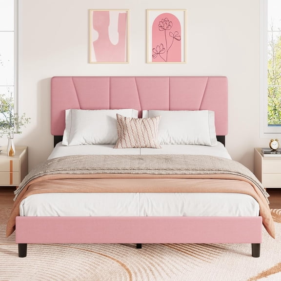 Adjustable Headboard & Modern Linen Upholstery, Full Platform Bed Frame, Strong Wooden Slats, Noise-Free, Easy Assembly, No Box Spring Needed, Pink