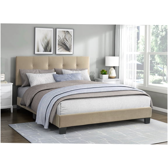 Adjustable Headboard Platform Bed, Queen Velvet Upholstered Bed Frame with Solid Wood Structure, No Box Spring