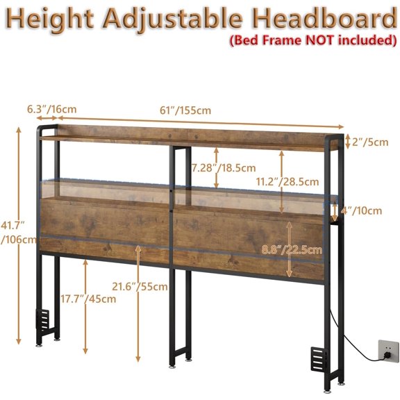 Adjustable Headboard with Storage, USB Ports & LED Lights, Sturdy Metal Frame for Bedroom