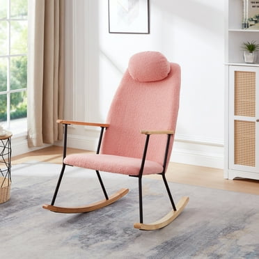 Adjustable Headrest Pillow Rocking Chair, Teddy Fabric Upholstered Glider Rocker with High Backrest, Modern Comfy Side Armchair for Nursery/Bedroom/Living Room, Pink