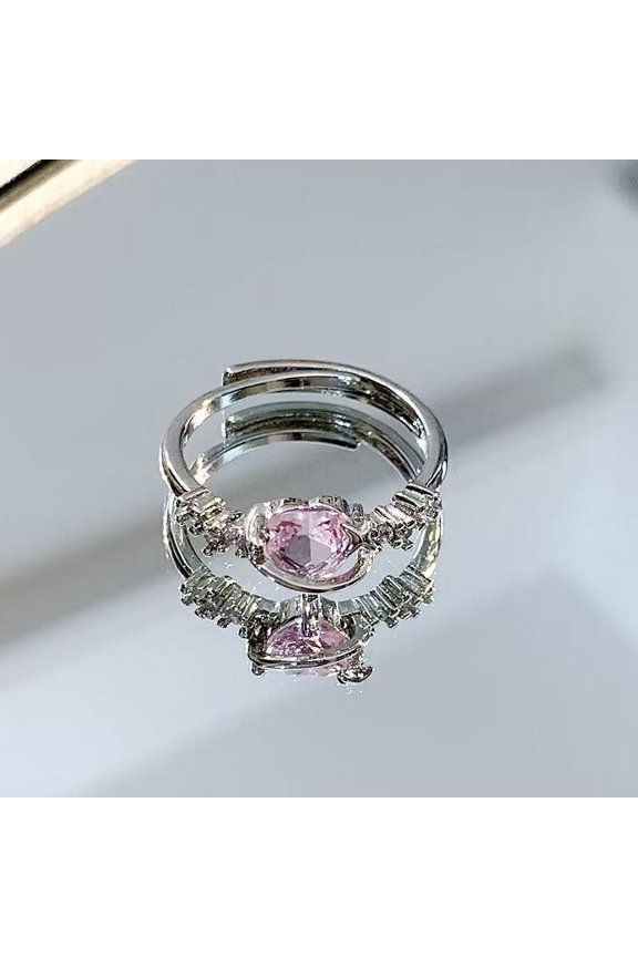 Adjustable Heart-Shaped Zircon Ring For Women: Copper Material With Pink Zirconium In Silver Finish