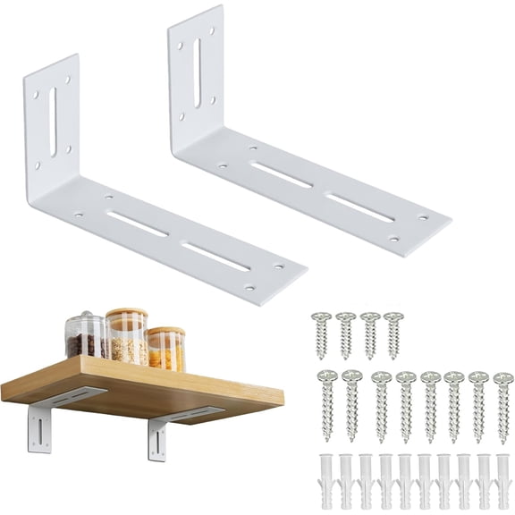 Adjustable Heavy Duty Shelf Brackets 2-Pack - White Metal L-Shaped Floating Shelf Supports, Corner Wall Mount