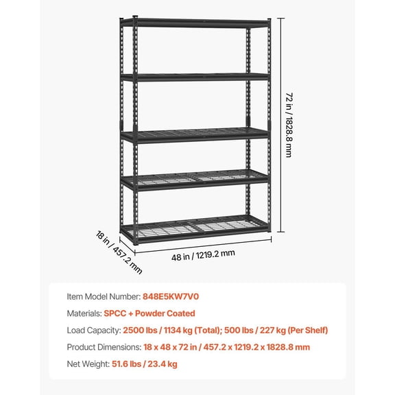 Adjustable Heavy Duty Shelving Unit, 5-Shelf Garage Storage Rack  2500 lbs Max Weight, Metal Construction