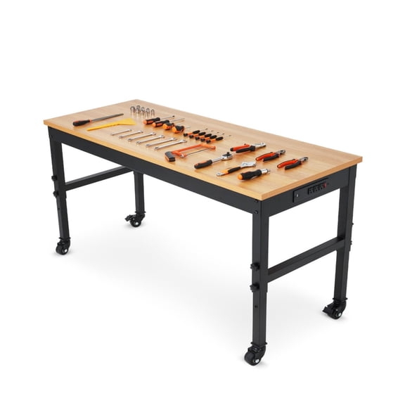 Adjustable Heavy-Duty Workbench with Power Outlets – 48 / 60 / 72 Inch Wood Top Work Table, 2500 lb Capacity, Steel Frame for Garage, Workshop, or Home Office