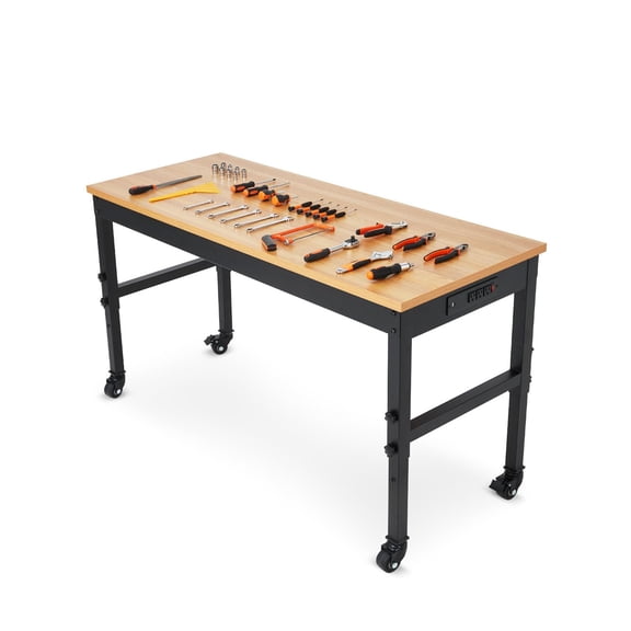 Adjustable Heavy-Duty Workbench with Power Outlets – 48 / 60 / 72 Inch Wood Top Work Table, 2500 lb Capacity, Steel Frame for Garage, Workshop, or Home Office