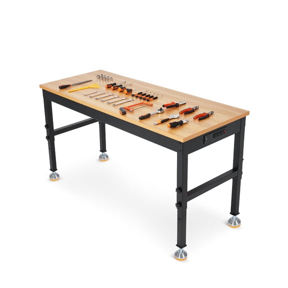 Adjustable Heavy-Duty Workbench with Power Outlets – 48 / 60 / 72 Inch Wood Top Work Table, 2500 lb Capacity, Steel Frame for Garage, Workshop, or Home Office