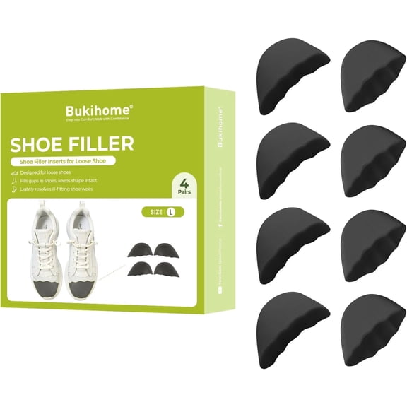 Bukihome Shoe Filler Insert - 4 Pairs Shoe Filler for Too Big Shoes, Heel Cushions for Women, Toe Inserts, Size Reducer Make Shoes Fit, Cushions for Women, Black, L