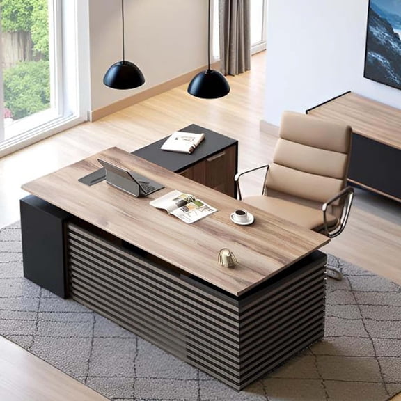 Adjustable Height L Shaped Executive Desk with Universal Charging Ports