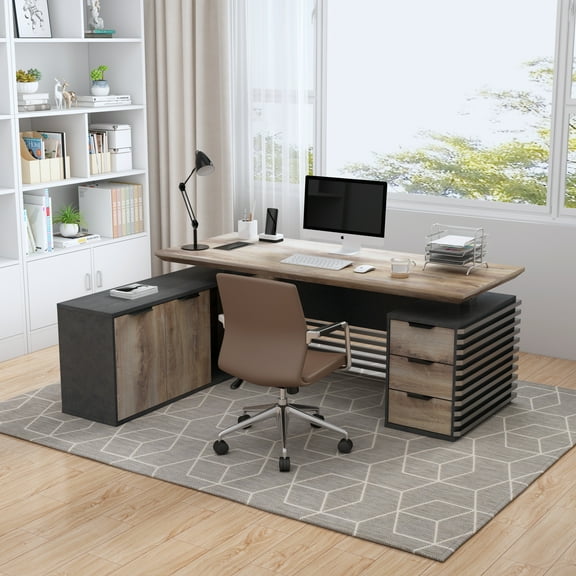 Adjustable Height L Shaped Executive Desk with Universal Charging Ports