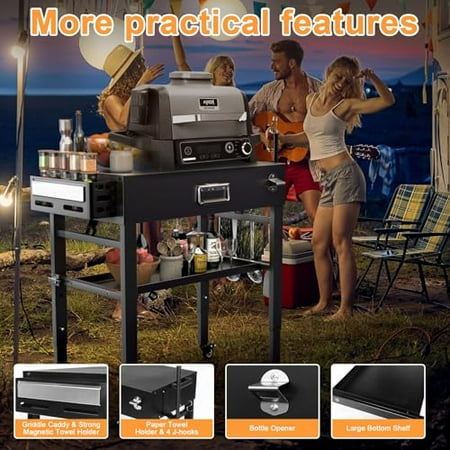 Adjustable Height (28"& 34") Grill Cart for Ninja Woodfire Outdoor Grill OG701, Foldable Outdoor Grill Stand for Blackstone 17“/22" Griddle, Ooni Pizza Oven, BBQ Prep Table with Se