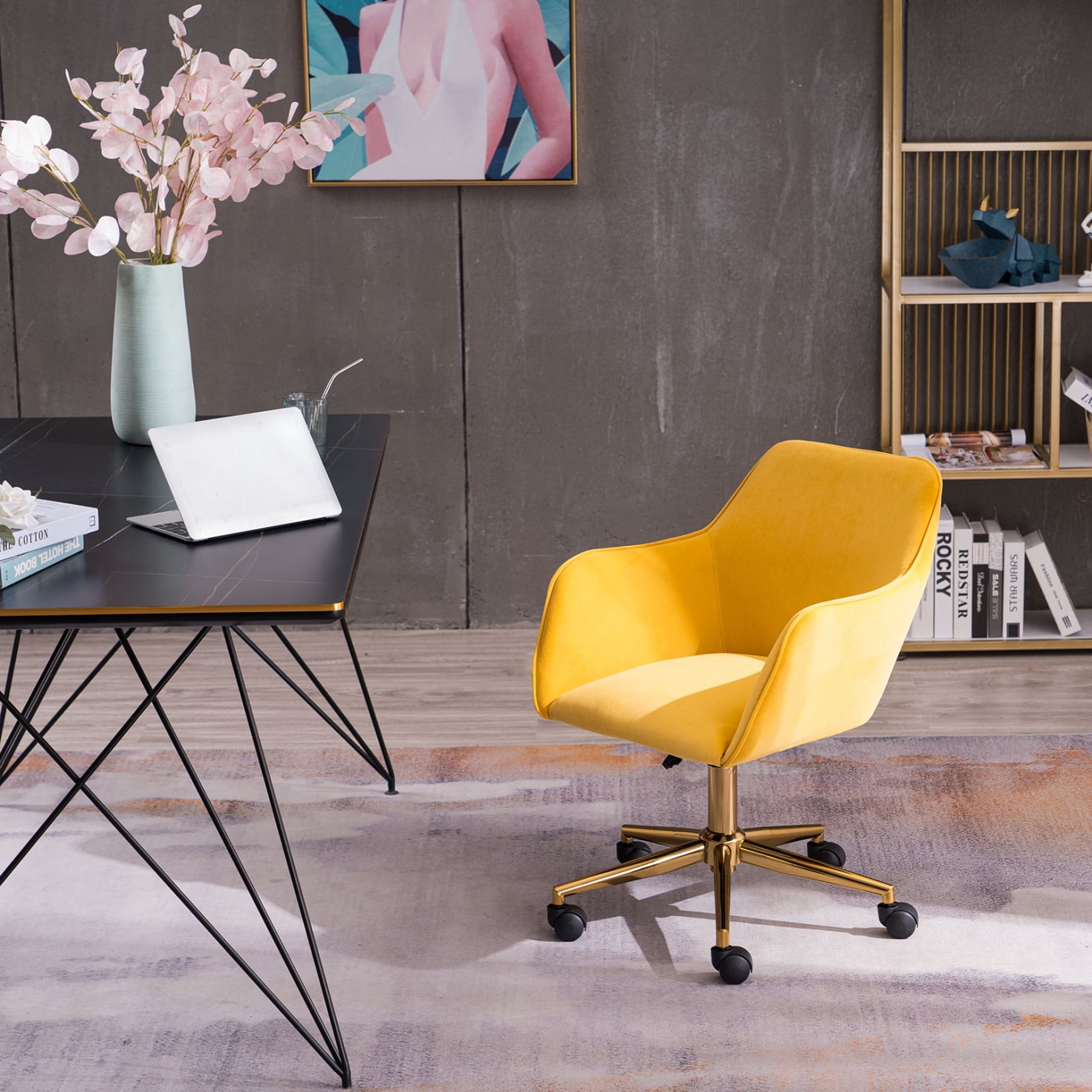 Adjustable Height 360 Revolving Chair with Gold Metal Legs and Universal Wheel Velvet Fabric Material Home Office Chair for Indoor Yellow