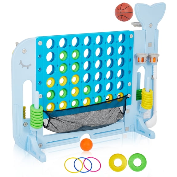 Adjustable Height 4-in-a-Row Game Center w/ Basketball, Golf & Ring Toss – Quick-Release Slider, Outdoor/Indoor Family Party Set for All Ages