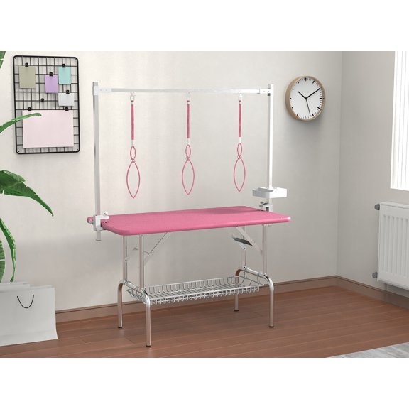 Adjustable Height 47Inch Pet Grooming Table Pink for Dogs, Stainless Steel Foldable Grooming Station with Nooses and Mesh Tray