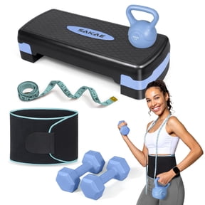 Adjustable Height Aerobic Stepper Set, Multiple Bundle Options with Dumbbells, Kettlebell, Waist Trimmer, Ankle Weights or Weighted Vest, Workout Exercise Step Platform w/Level Risers, 4 Colors