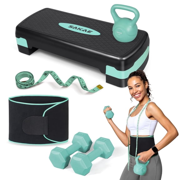 Adjustable Height Aerobic Stepper Set, Multiple Bundle Options with Dumbbells, Kettlebell, Waist Trimmer, Ankle Weights or Weighted Vest, Workout Exercise Step Platform w/Level Risers, 4 Colors