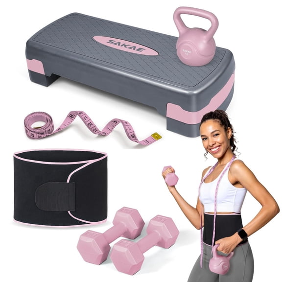 Adjustable Height Aerobic Stepper Set, Multiple Bundle Options with Dumbbells, Kettlebell, Waist Trimmer, Ankle Weights or Weighted Vest, Workout Exercise Step Platform w/Level Risers, 4 Colors