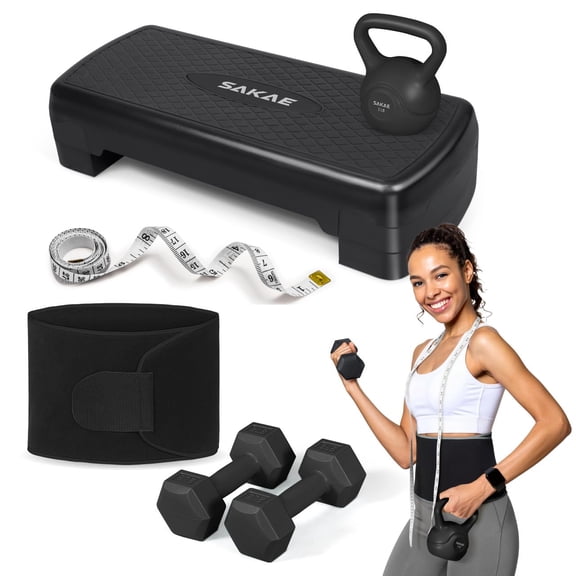 Adjustable Height Aerobic Stepper Set, Multiple Bundle Options with Dumbbells, Kettlebell, Waist Trimmer, Ankle Weights or Weighted Vest, Workout Exercise Step Platform w/Level Risers, 4 Colors