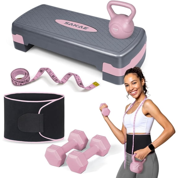 Adjustable Height Aerobic Stepper Set, Multiple Bundle Options with Dumbbells, Kettlebell, Waist Trimmer, Ankle Weights or Weighted Vest, Workout Exercise Step Platform w/Level Risers, 4 Colors