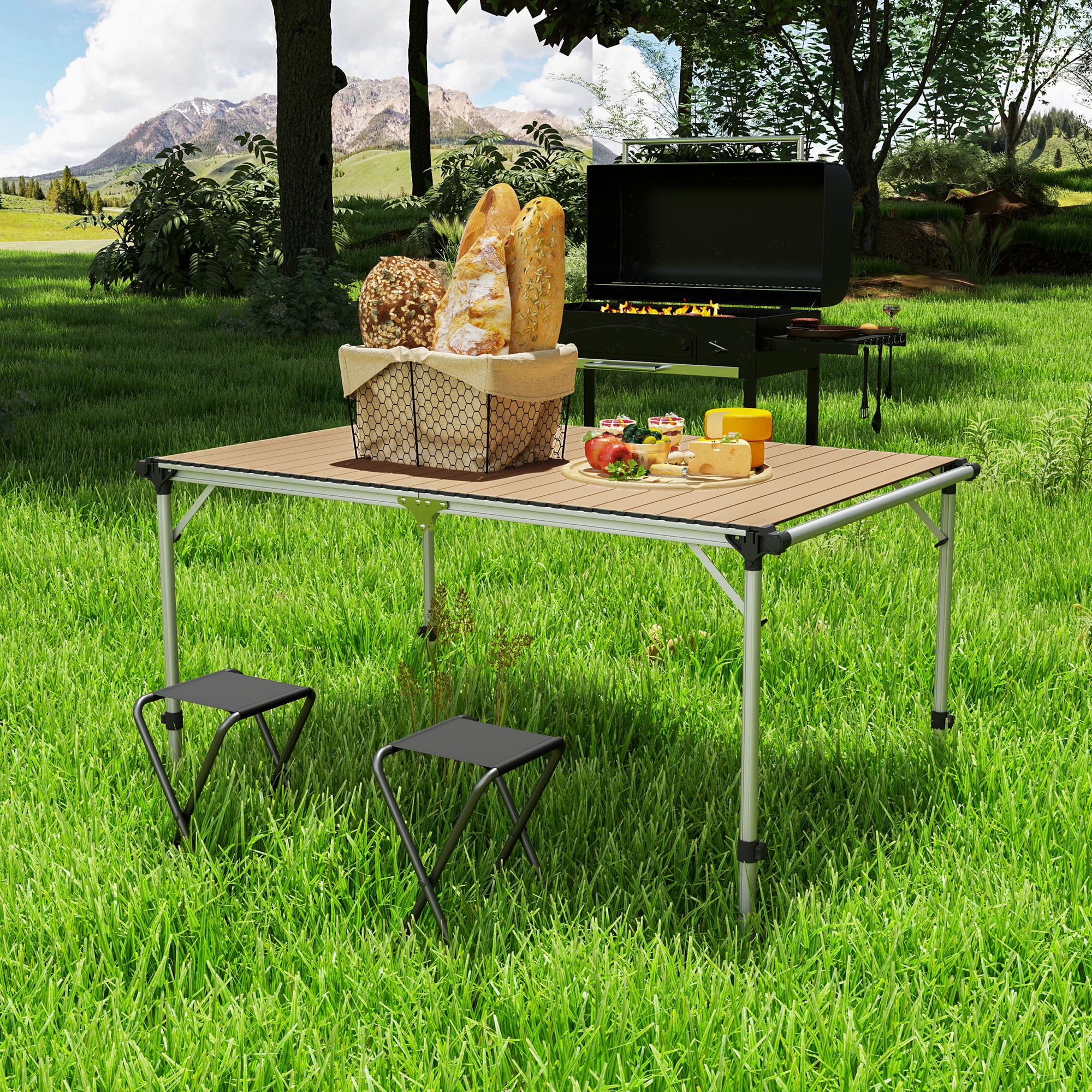 Adjustable Height Aluminum Picnic Table, Light Brown Anodized Rust-Free Portable Folding Table for Outdoor Dining Cooking Workstation, Supports 66 lbs