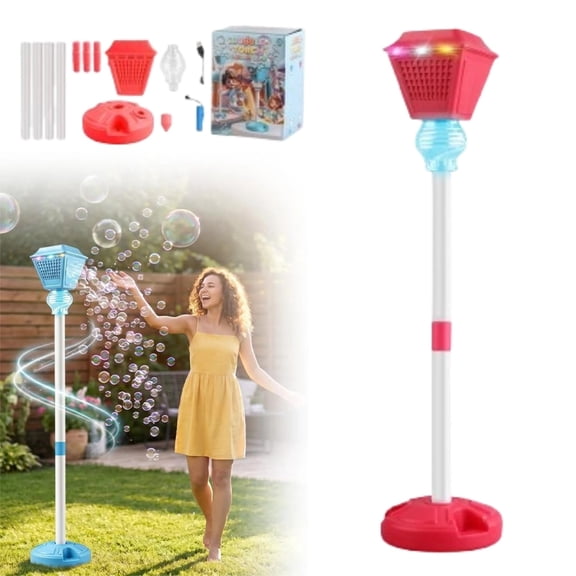 Adjustable Height Automatic Bubble Blower, Bubble Machine with Music & Lights, Rechargeable Standing Toy for Kids Backyard Parties Red