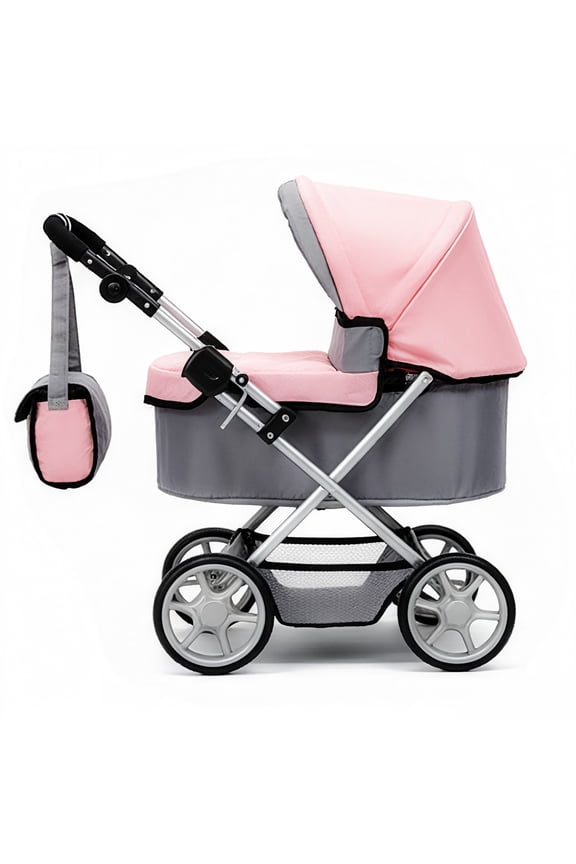 Adjustable Height Baby Stroller in Grey/Pink for Dolls, Suitable Reborn Baby Dolls Height 20 inches and Below, Baby Doll Pram