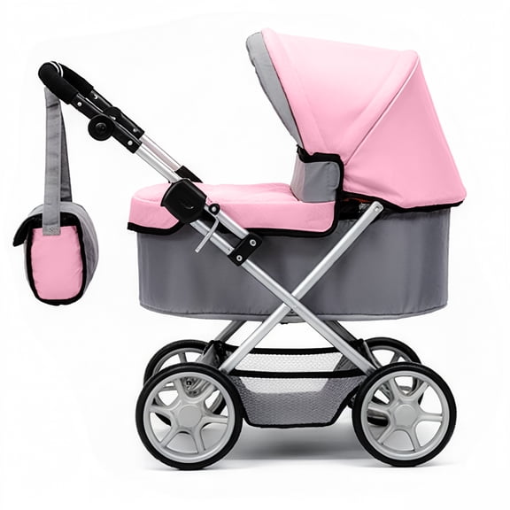 Adjustable Height Baby Stroller in Grey/Pink for Dolls, Suitable Reborn Baby Dolls Height 20 inches and Below, Baby Doll Pram