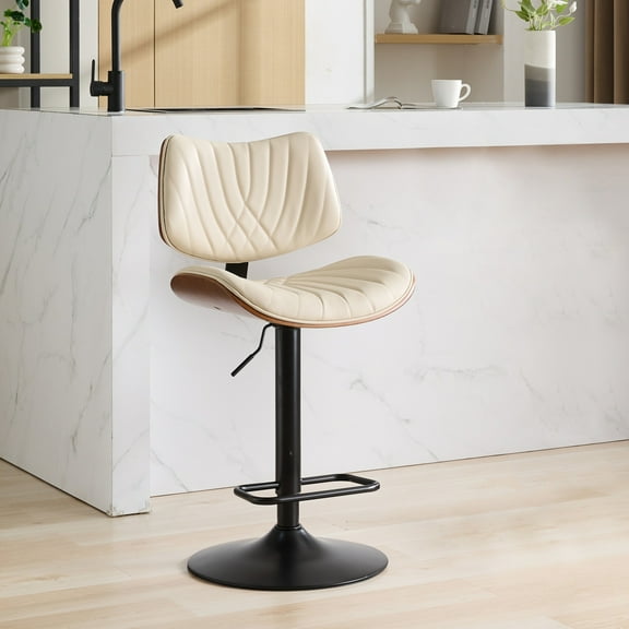 Adjustable Height Bar Stools, Walnut & Black Leather, 360° Swivel, Ergonomic , For Kitchen Island/dining Room/cafe, Mid Century Modern Look, Beige Stool, Counter Height, Faux Leather Seat, Stable