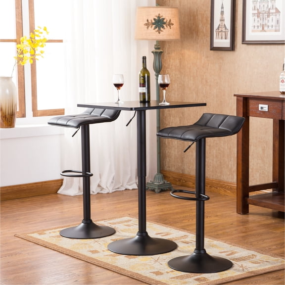 Adjustable Height Bar Table With Black Square Top And 2 Swivel Leather Stool For Home Living Room