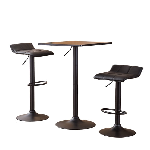 Adjustable Height Bar Table and 2 Swivel Bar Stools Set, Black Square Top with Metal Base, Space Saving Dining Set for Small Kitchen