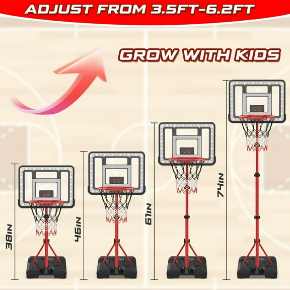Adjustable Height Basketball Hoop with LED Light and Electronic Scoreboard for Kids Indoor Outdoor