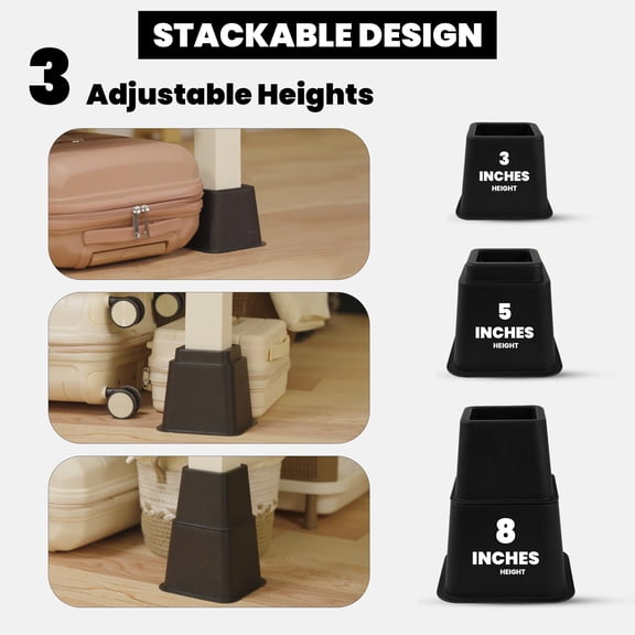 Adjustable Height Bed Risers 3 5 8 Inch, Heavy Duty Plastic Leg Elevators for Bed Frame Lift and Storage, 4-Piece Set, Supports 1300 lbs, Black