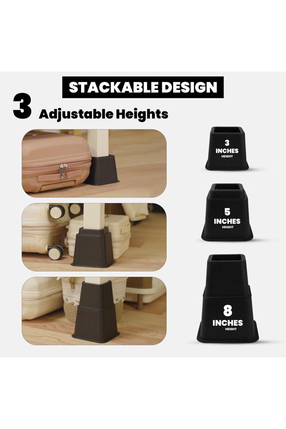 Adjustable Height Bed Risers 3 5 8 Inch, Heavy Duty Plastic Leg Elevators for Bed Frame Lift and Storage, 4-Piece Set, Supports 1300 lbs, Black