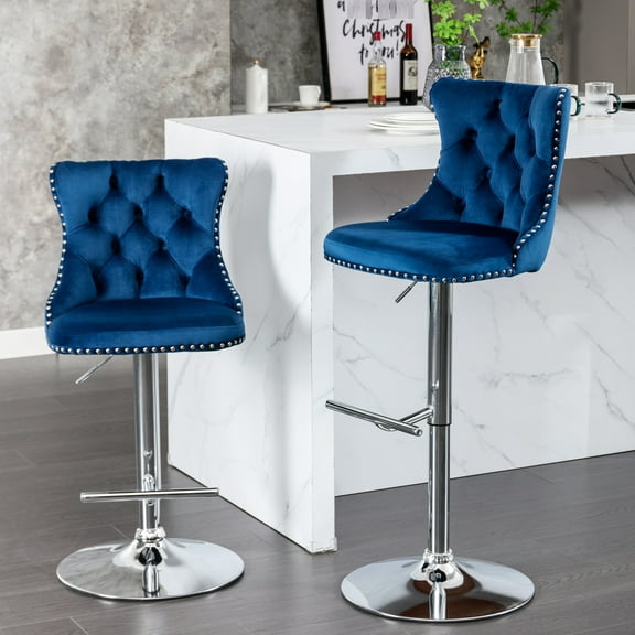 Adjustable Height Blue Velvet , 25 - 33 Inch, With Back For Comfortable Seating In Home And Kitchen Island Pub ( Of 2 Upholstered Inch Seat Height,