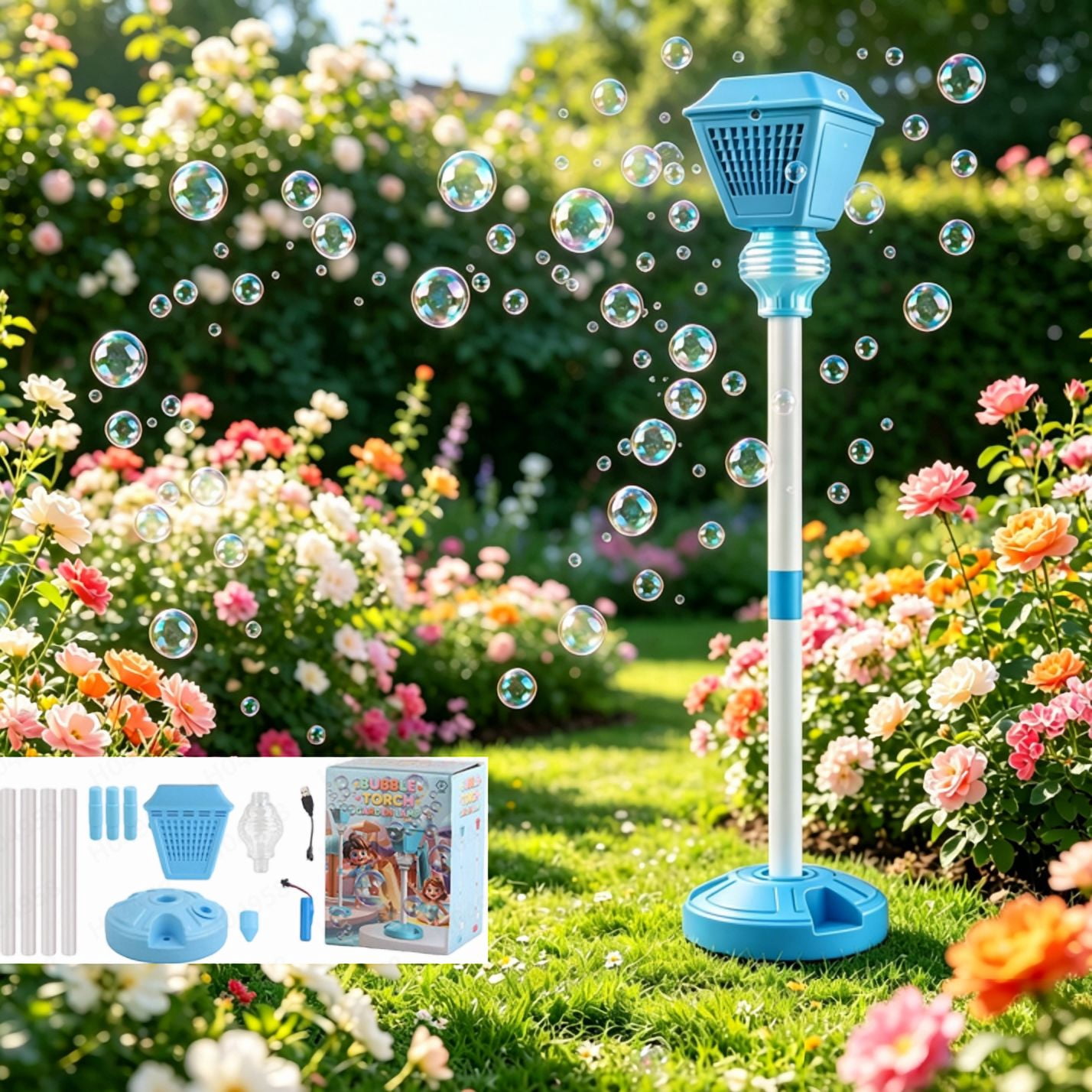 Adjustable Height Bubble Tower with Music Lights, Rechargeable Standing Bubble Lamp Stand, Street Lamp Style Bubble Maker for Outdoor Garden Party Wedding Birthday Events Bubble Lamp Blue