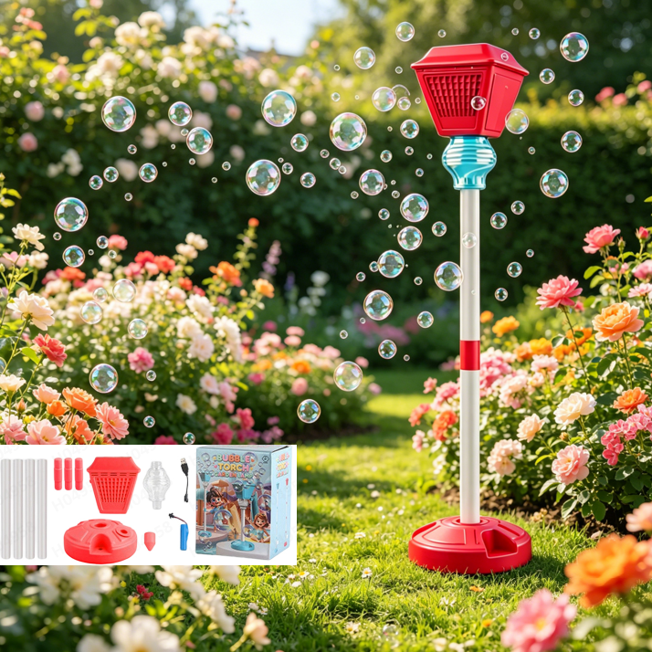 Adjustable Height Bubble Tower with Music Lights, Rechargeable Standing Bubble Lamp Stand, Street Lamp Style Bubble Maker for Outdoor Garden Party Wedding Birthday Events Bubble Lamp Red