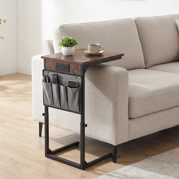 Adjustable Height C Shape Side Table with Charging Station, 33 Inch Tall Slide Under Sofa Couch Table Small TV Tray for Living Room