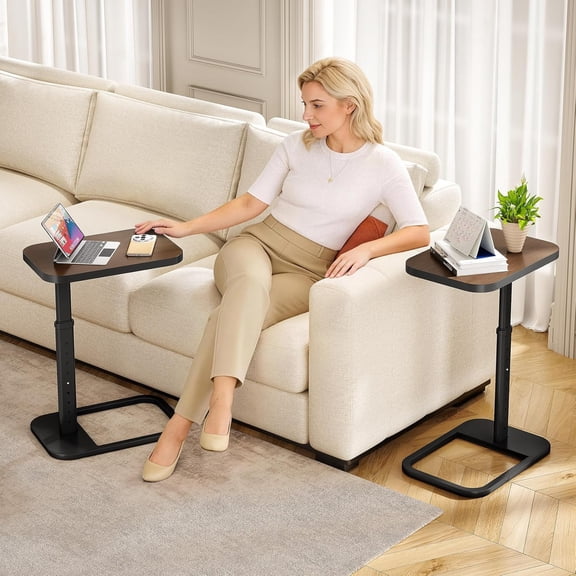 Adjustable Height C-Shaped End Table, 9-Level Side Table with Metal Rounded , Couch Table that Slides Under Sofa or Bed, Eating, Working, and Drinks, TV Tray for Small Spaces, Espresso
