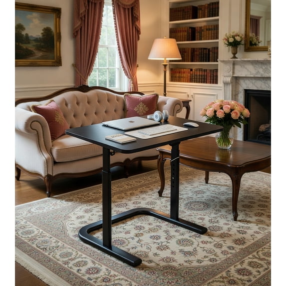 Adjustable Height C-Shaped End Table, Slide Under Couch Laptop Desk & TV Tray, Modern Sofa Side Table with Low-Profile Flat Base, Sleek All-Black