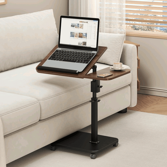 Adjustable Height C Shaped End Table with Wheels,360Swivel Side Table, Top Tilting Laptop Stand TV Table for Sofa/Bed, Couch Tables that Slide under,Small Coffee Table for Living Room (walnut)