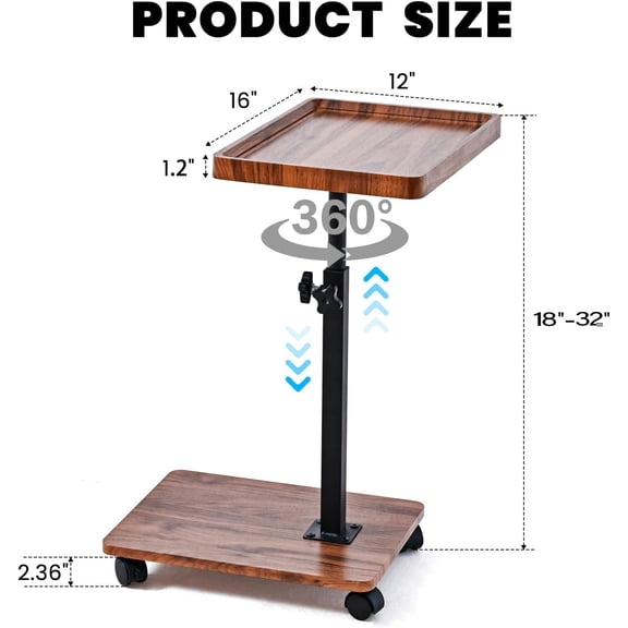Adjustable Height C-Shaped End Table with 360 Swivel - Rolling TV Tray Side Table for Couch Bed Sofa Bath Tub, Walnut