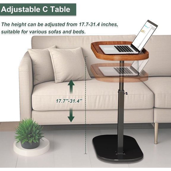 Adjustable Height C Shaped Side Table, Couch Tables That Slide Under, C Side Table Raised Edge, 360°Swivel C Shaped End Table, Small Coffee C Table, End Table for Sofa/Bed/Bathtub