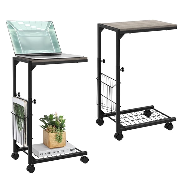 Adjustable Height C-Shaped Side Table Gray Set - Mobile End Table with Storage Basket & Shelf