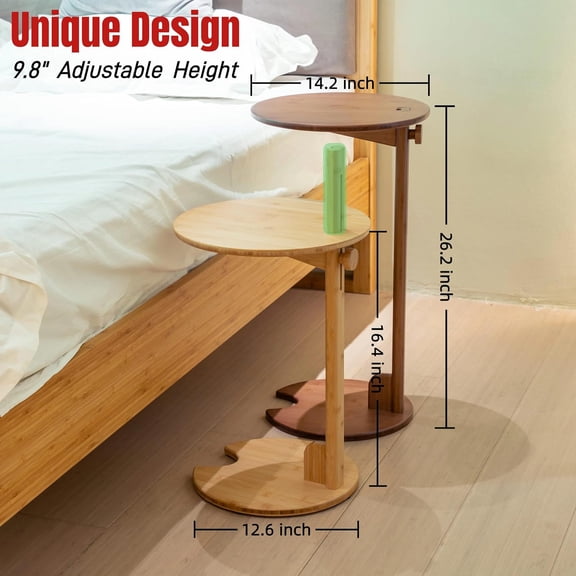 Adjustable Height C Shaped Side Table with Pedestal for Small Spaces, Round TV Tray Stand for Couch Bedside Living Room, Natural Bamboo Coffee Table in Walnut Brown