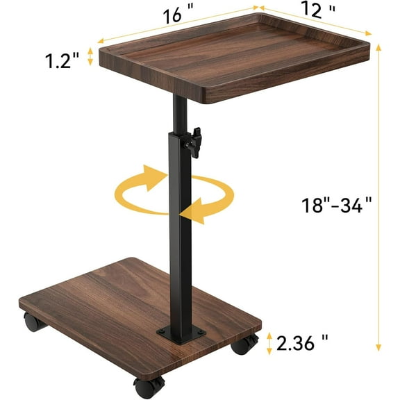 Adjustable Height C Shaped Side Table with 360° Swivel, TV Tray for Small Spaces, Couch Table that Slides Under, Walnut Brown