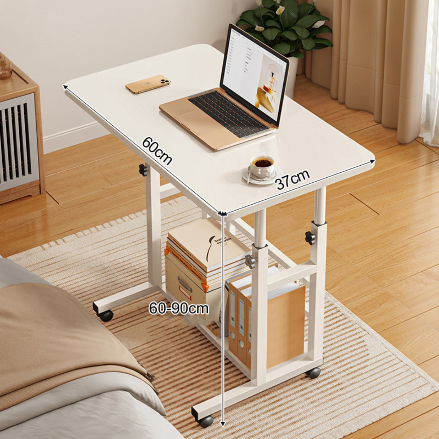 Adjustable Height C-Shaped Sofa Side Table with Wheels–Mobile End Table & Portable Laptop Desk for Couch,Bed,or Recliner–Oak Finish (24x15x24-35 inches)