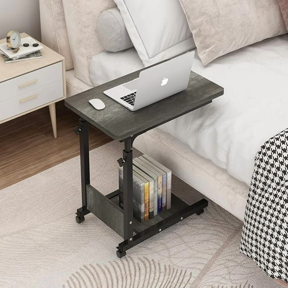 Adjustable Height C Table Sofa Side Bedside Table with Wheels, Hospital Bed Table Rolling Tray with Storage, Mobile Computer Desk Laptop Table for Home Use