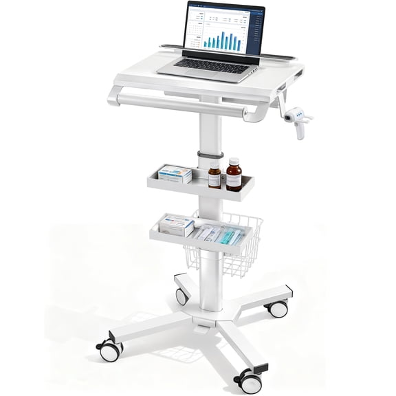 Vakiorn Adjustable Height Cart on Wheels 150 lbs Capacity Steel ABS Rolling Trolley with Anti Theft Laptop Mount Scanner Holder