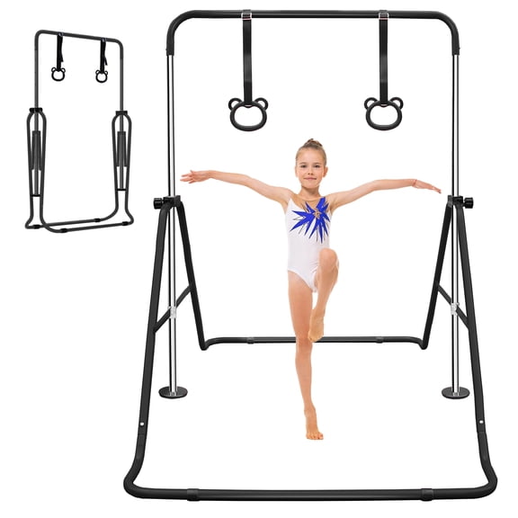 Adjustable Height Children's Gymnastic Bar with Bear Rings - Foldable Steel Construction